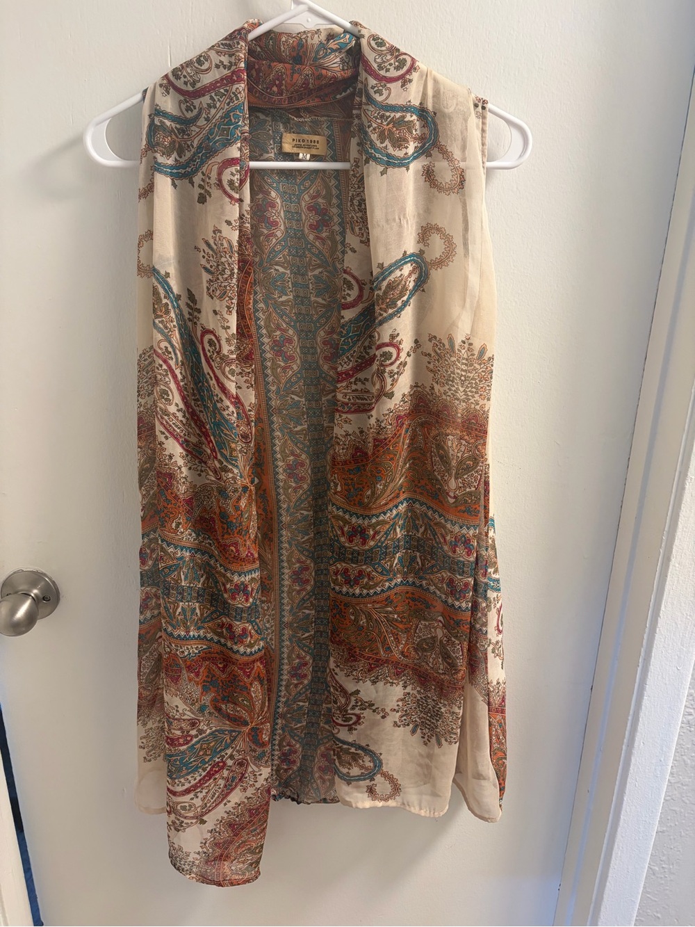 Piko 1988 Boho Cream Paisley Sheer festival Sleeveless Duster Accents M